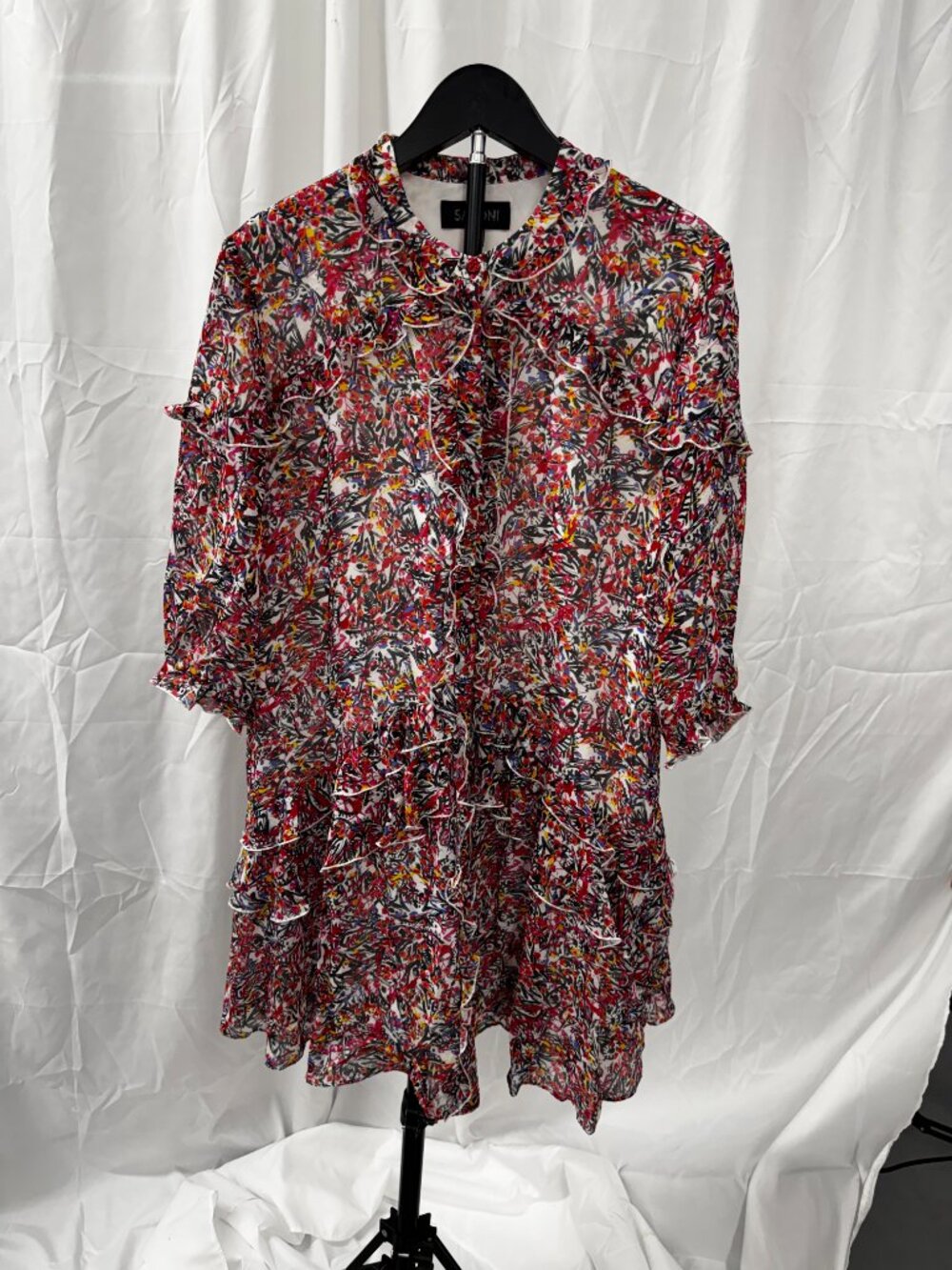 SALONI Tilly Silk Ruffled Mini Dress Pink White Floral 100% Silk Sz 8 - Picture 11 of 16